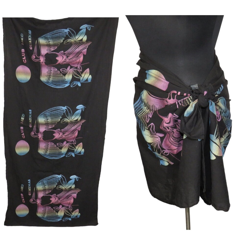 Vintage Club Med Guaymas Mexico Black Multicolor Bird Print Sarong